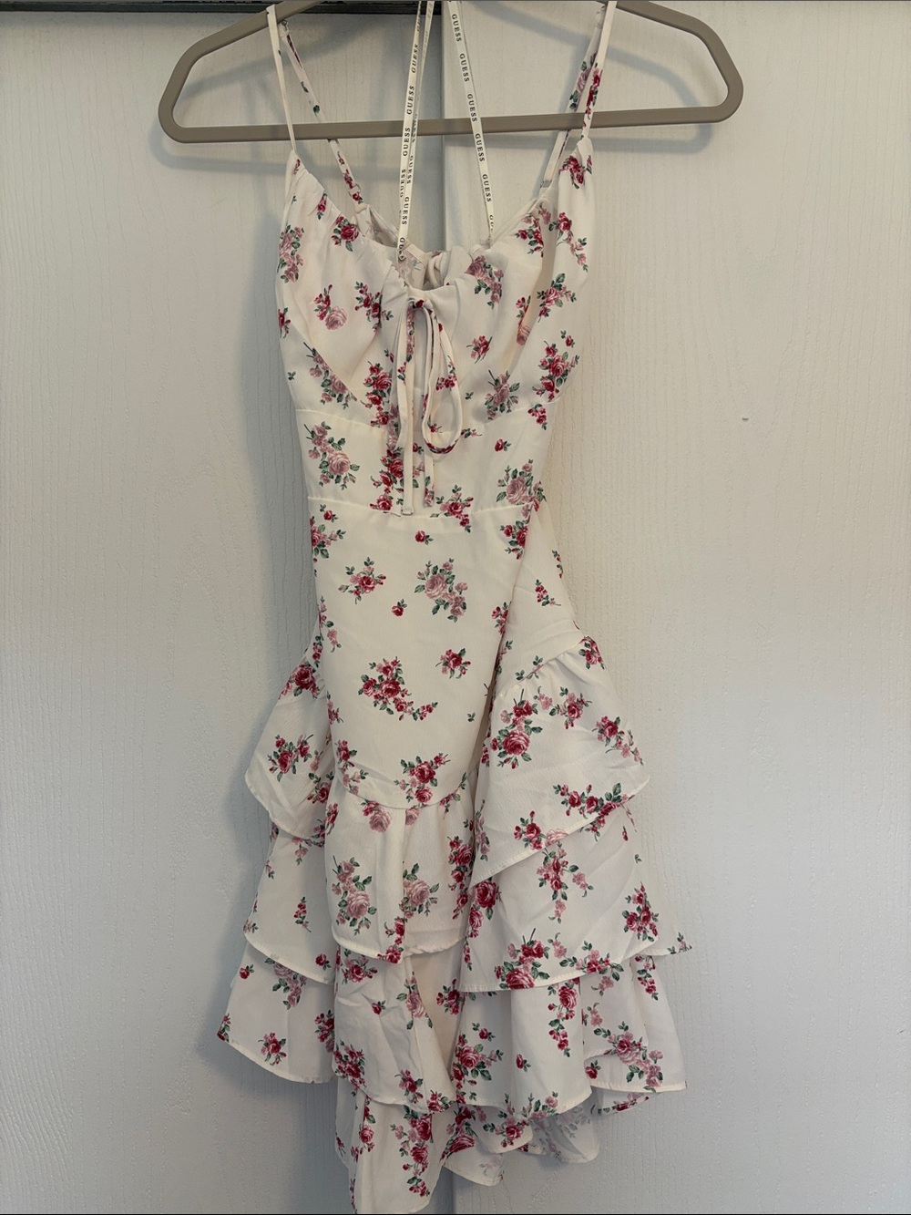 Guess White Mini Dress with Red & Pink Floral Print - S